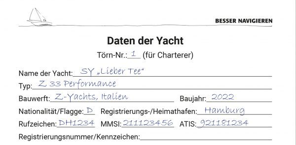 Logbuch Beispieleintragungen Yachtdaten